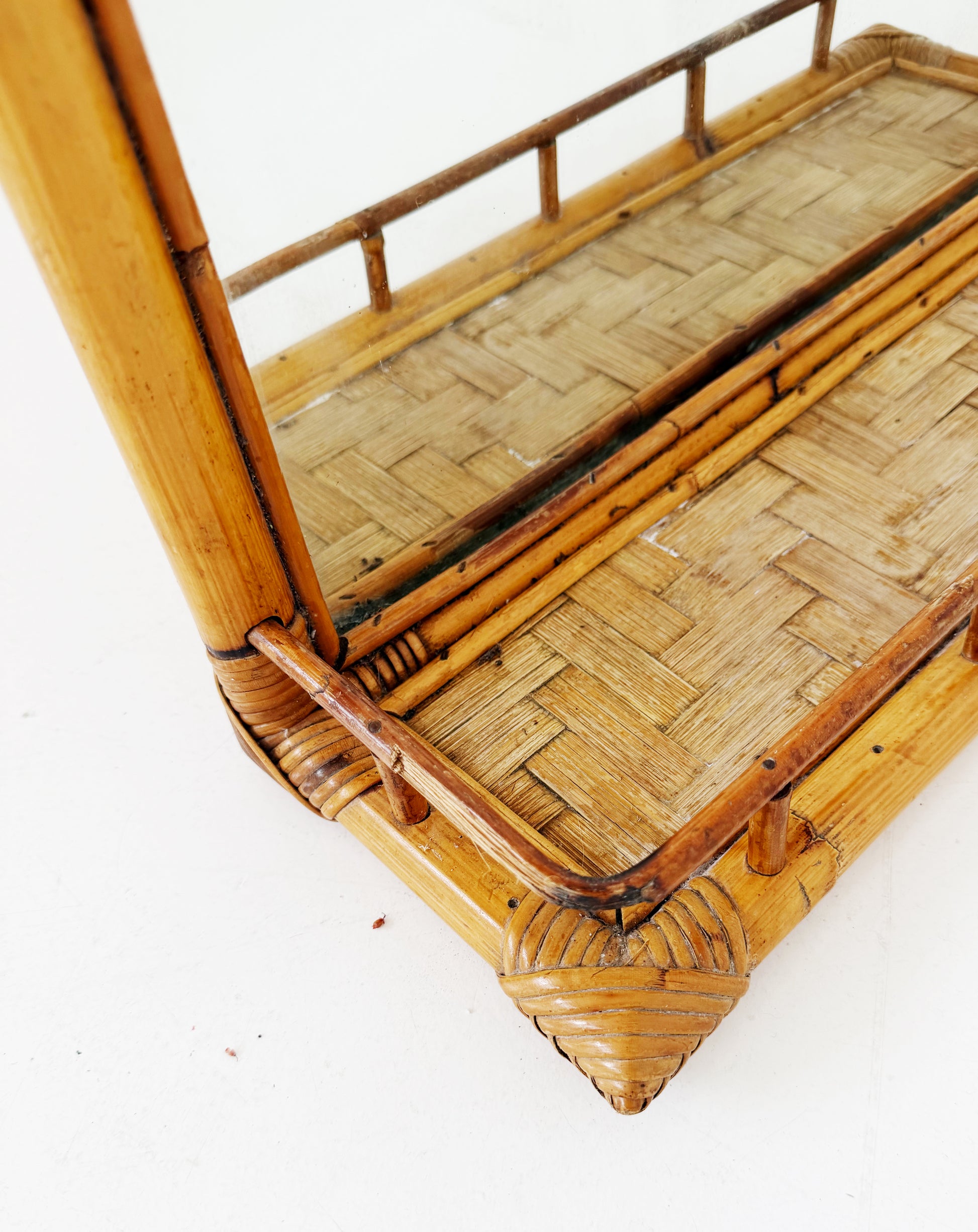 Bamboo and Rattan Wall Mirror with Shelf – 1960s