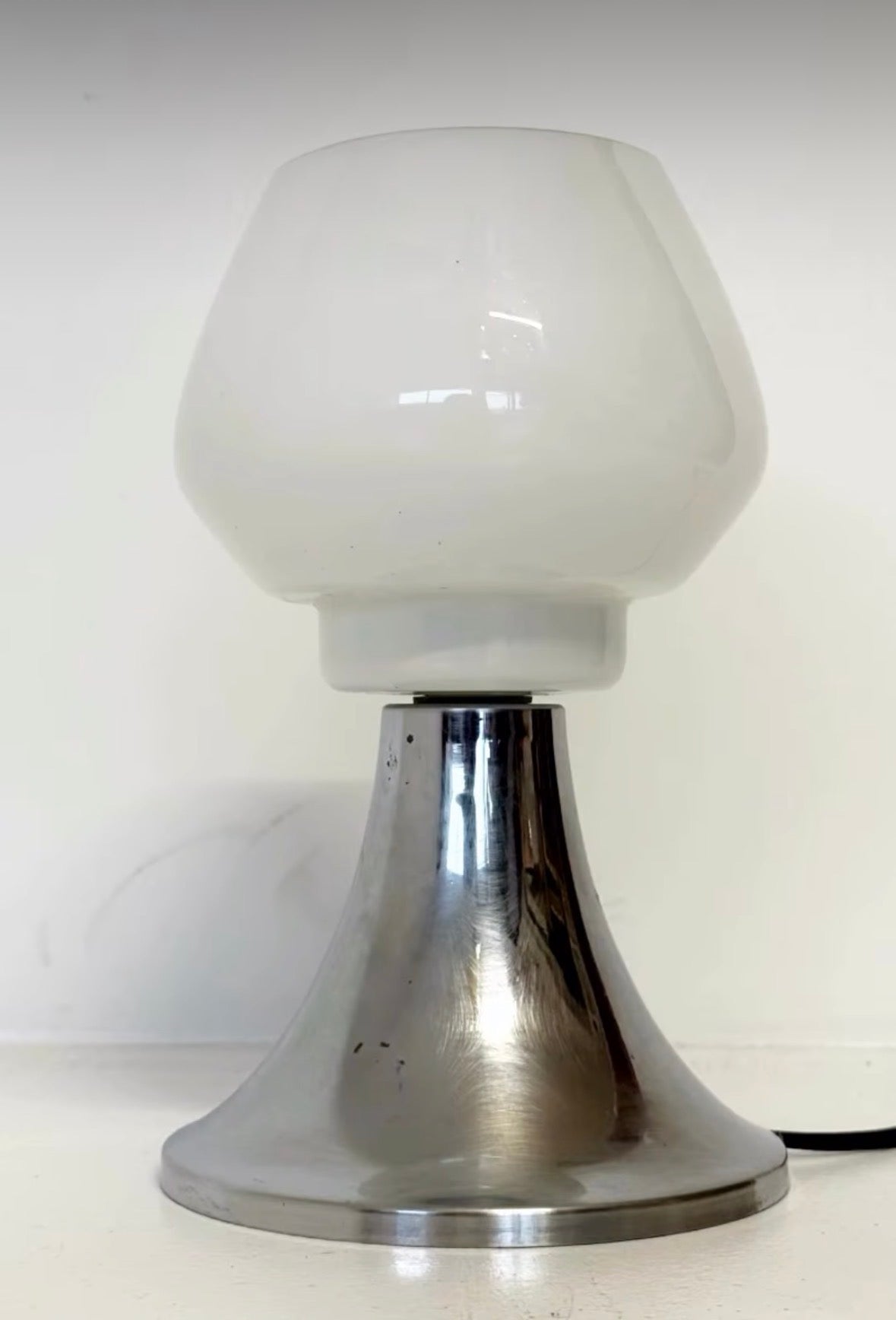 Vintage Table Lamp with Chromed Metal Conical Base and White Glass Diffuser