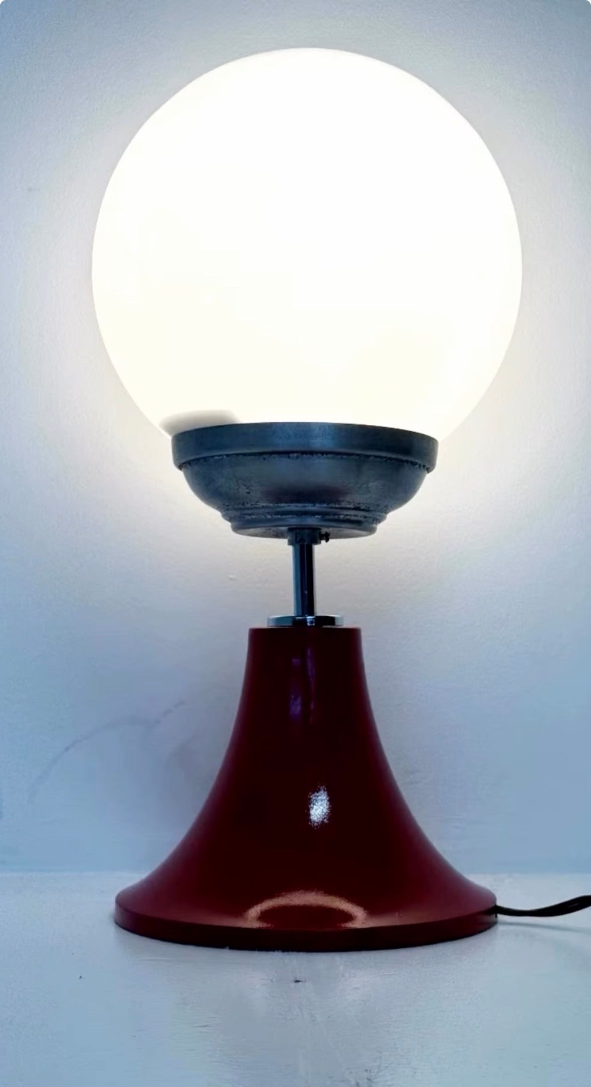 Vintage Table Lamp with Red Conical Base and White Glass Globe