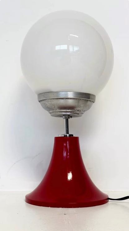 Vintage Table Lamp with Red Conical Base and White Glass Globe