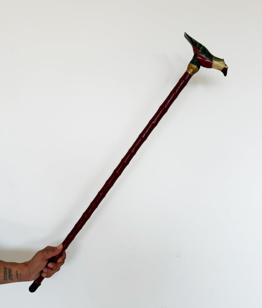 Bastone da passeggio vintage bordeaux con uccellino decorativo