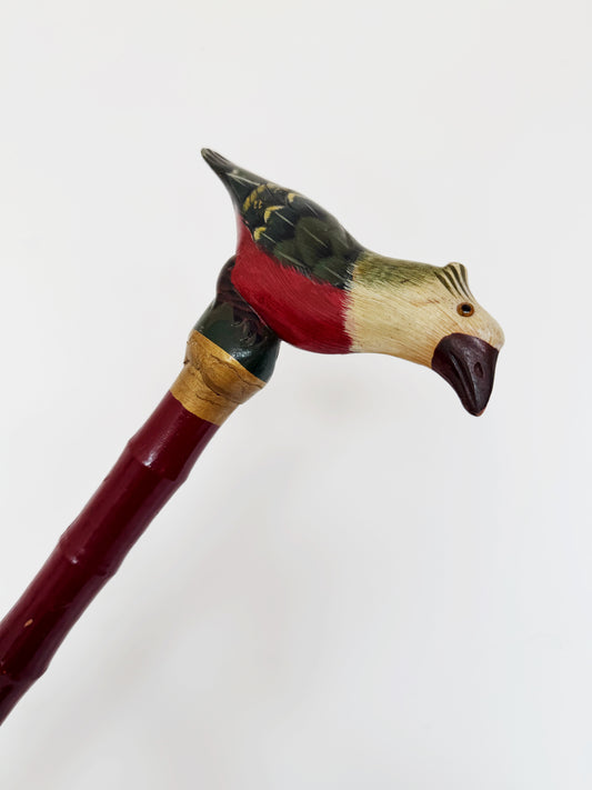 Bastone da passeggio vintage bordeaux con uccellino decorativo