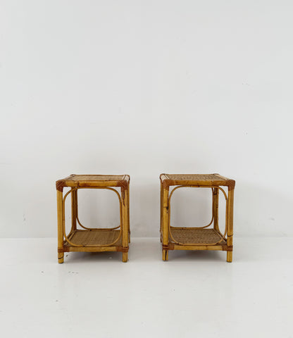 Pair of bamboo and natural woven bedside tables