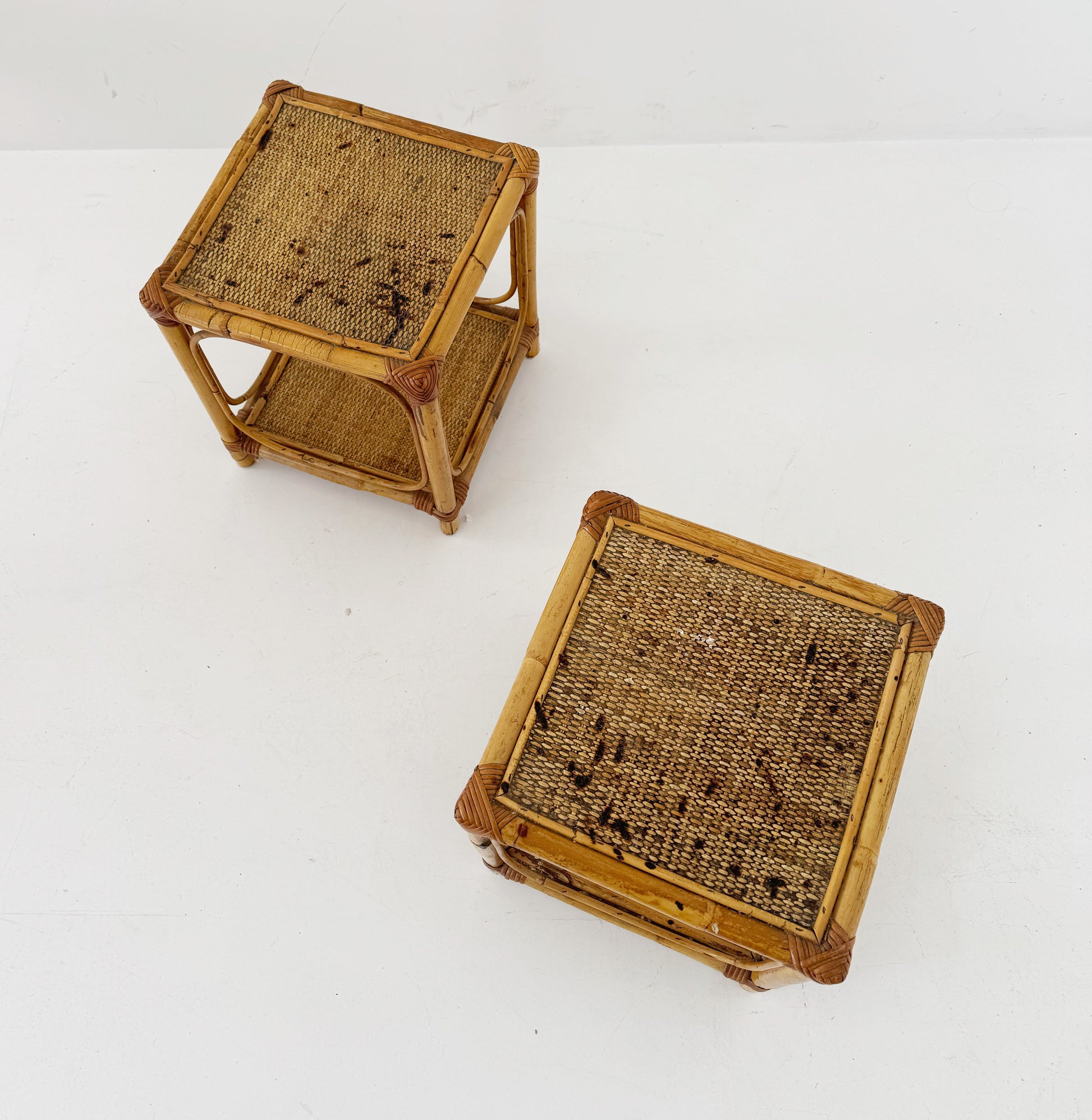 Pair of bamboo and natural woven bedside tables