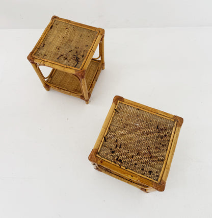 Pair of bamboo and natural woven bedside tables