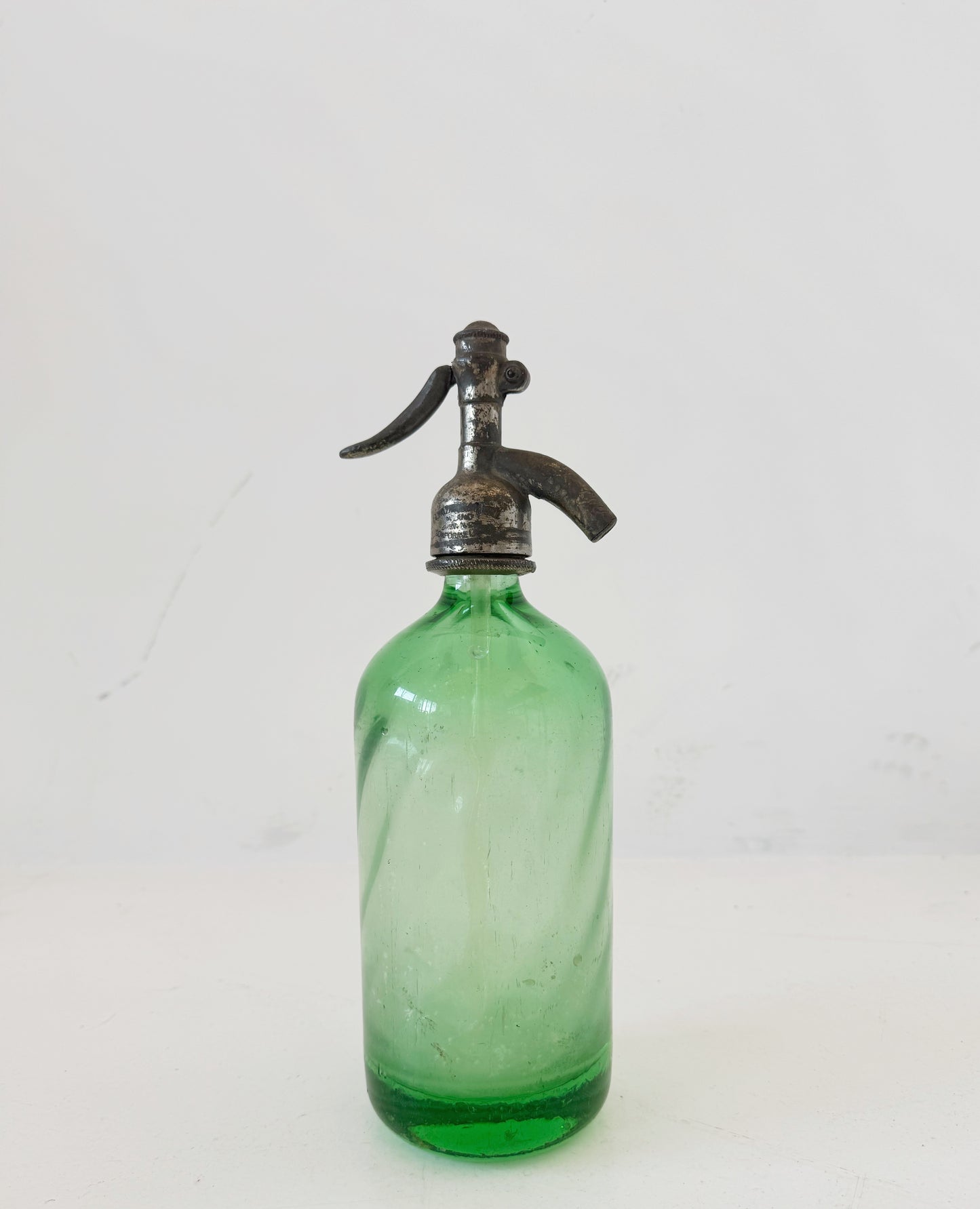Green glass soda water with metal dispenser – 1960s