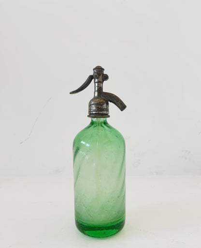Green glass soda water with metal dispenser – 1960s
