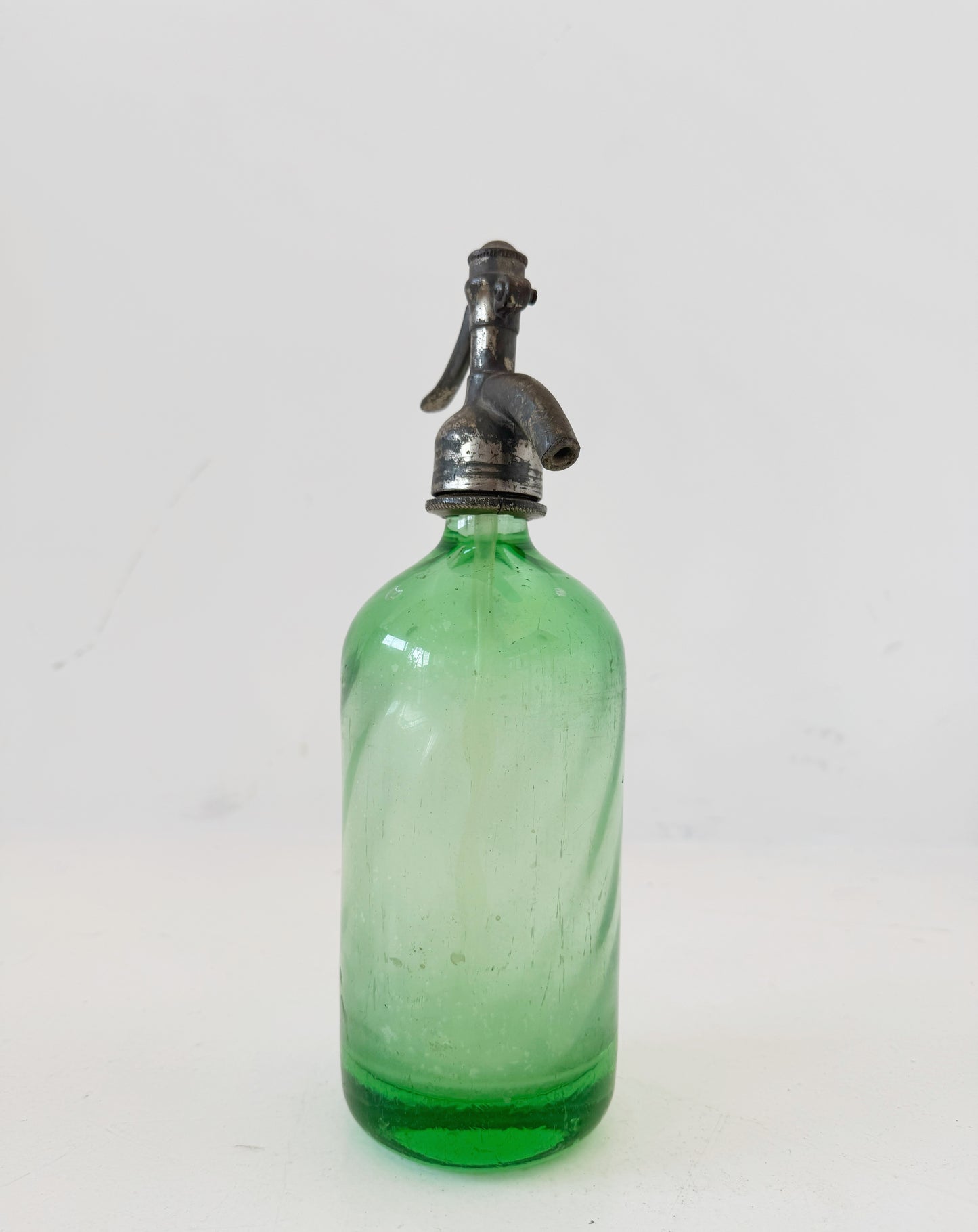 Green glass soda water with metal dispenser – 1960s