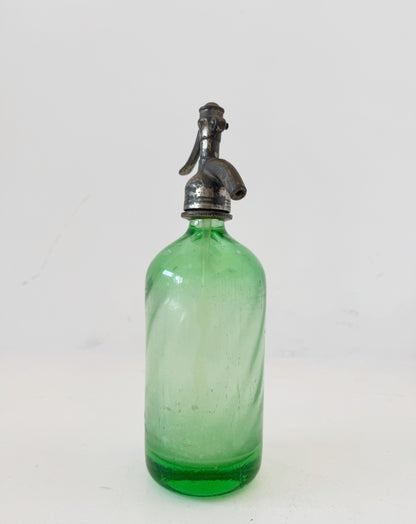 Green glass soda water with metal dispenser – 1960s