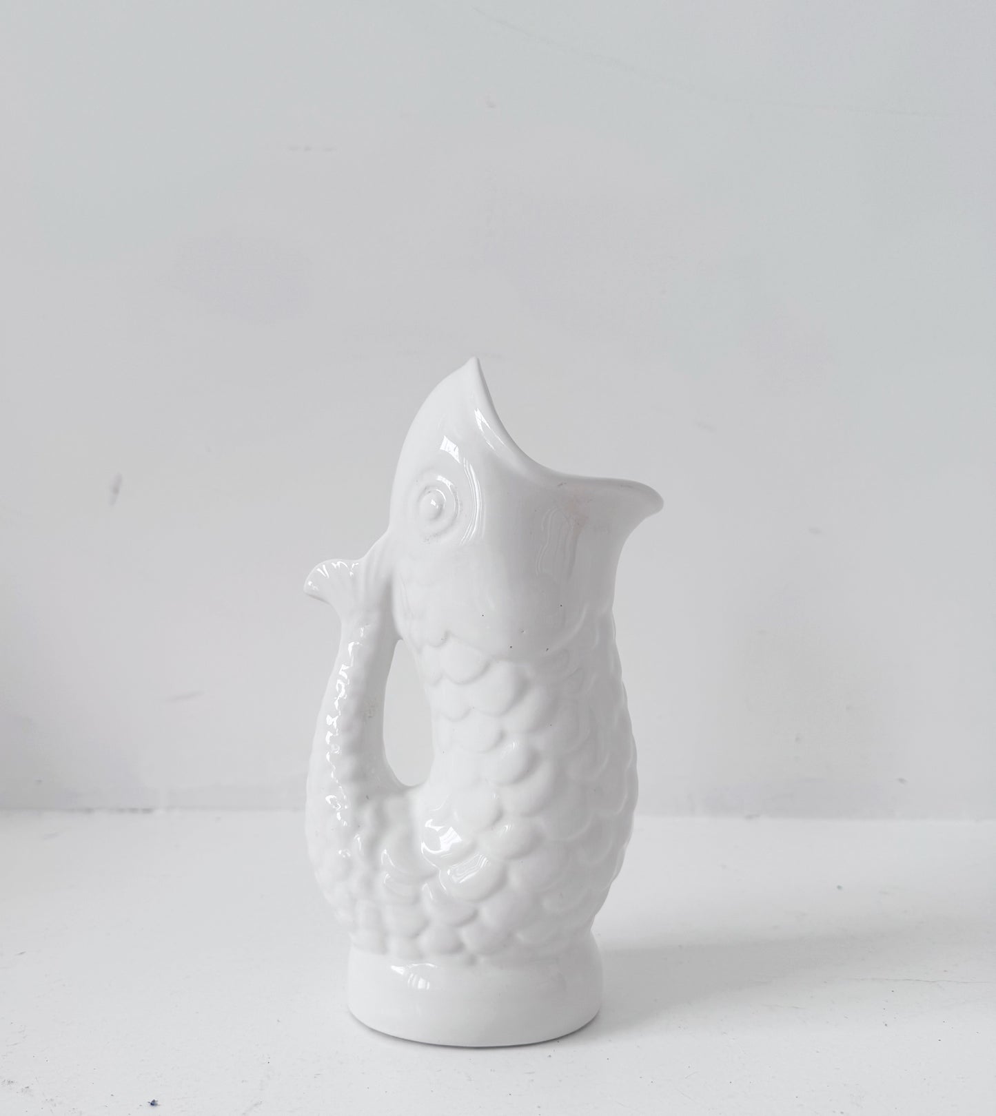 Vintage fish-shaped pitcher signed by Costa – White glazed ceramic