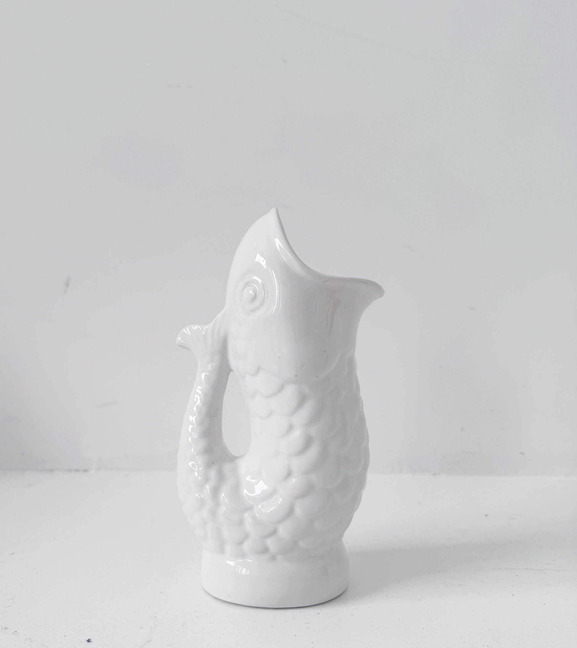 Vintage fish-shaped pitcher signed by Costa – White glazed ceramic