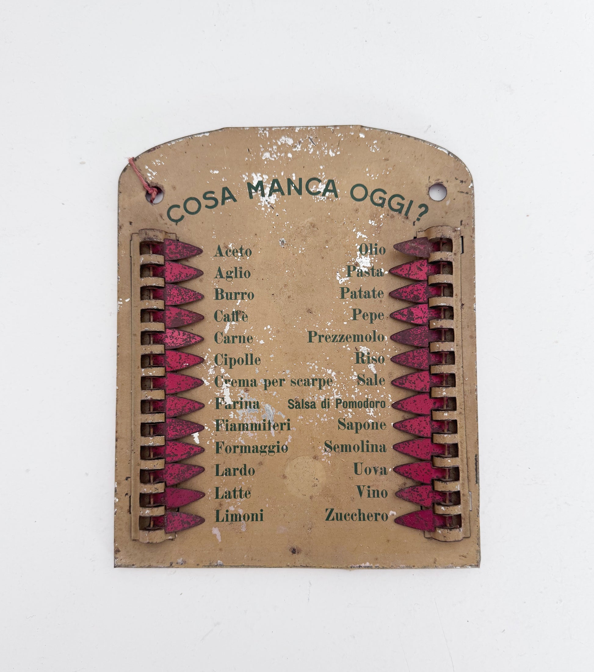 "What's Missing Today?" Tin Kitchen Sign – Italy, 1950s