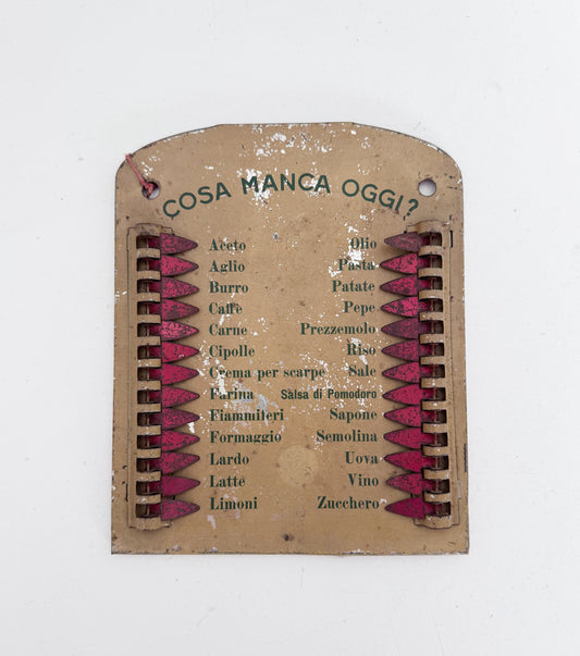 "What's Missing Today?" Tin Kitchen Sign – Italy, 1950s