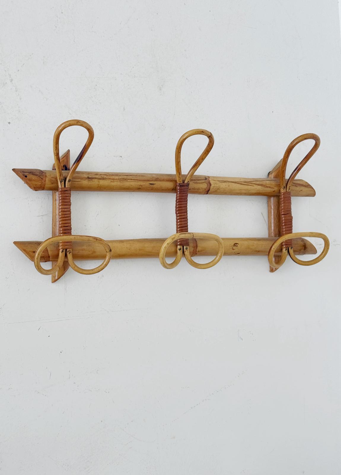 Bamboo and Rattan Wall Coat Rack, 1970s
