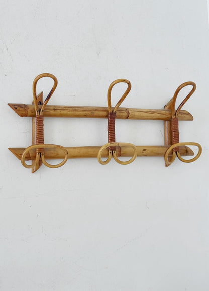 Bamboo and Rattan Wall Coat Rack, 1970s