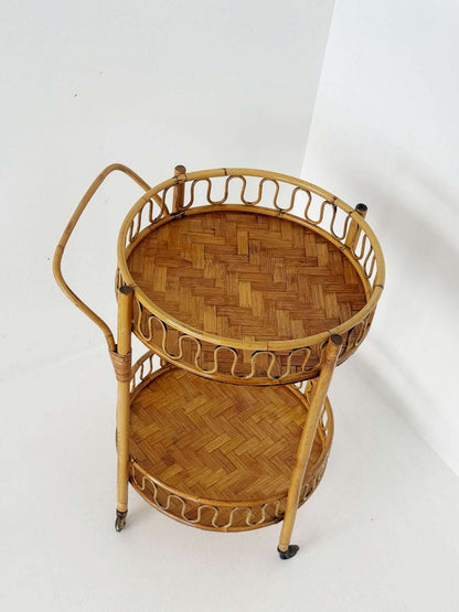 Bamboo and woven rattan serving trolley, 1960s–1970s