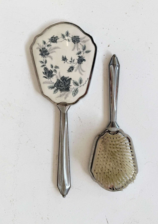 Vintage vanity set: mirror and brush with floral decoration