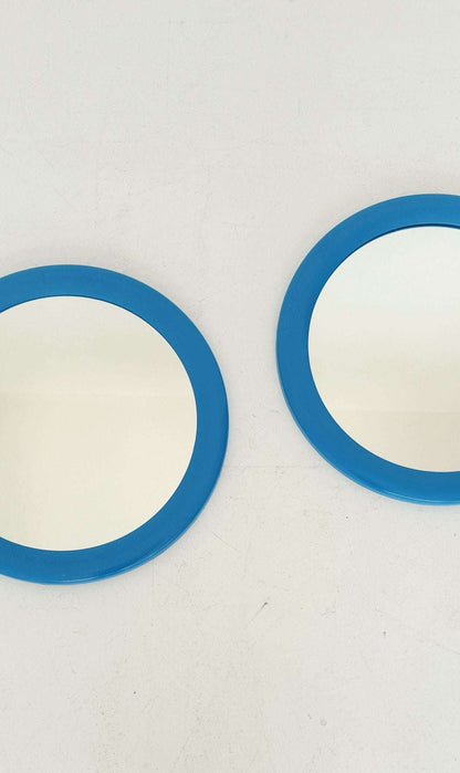 Pair of Round Mirrors with Blue Plastic Frames – 1970s