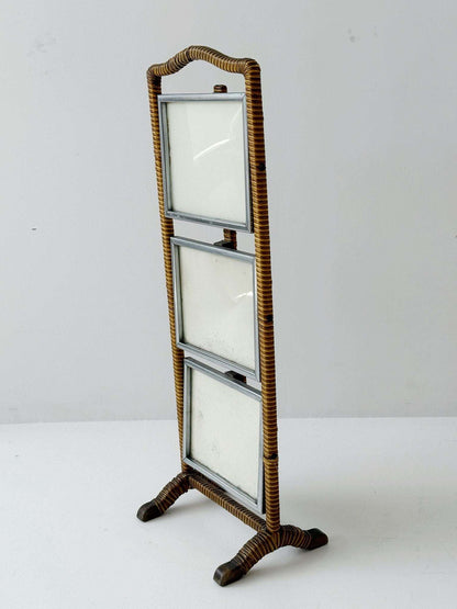 Three-tier folding rattan and metal side table