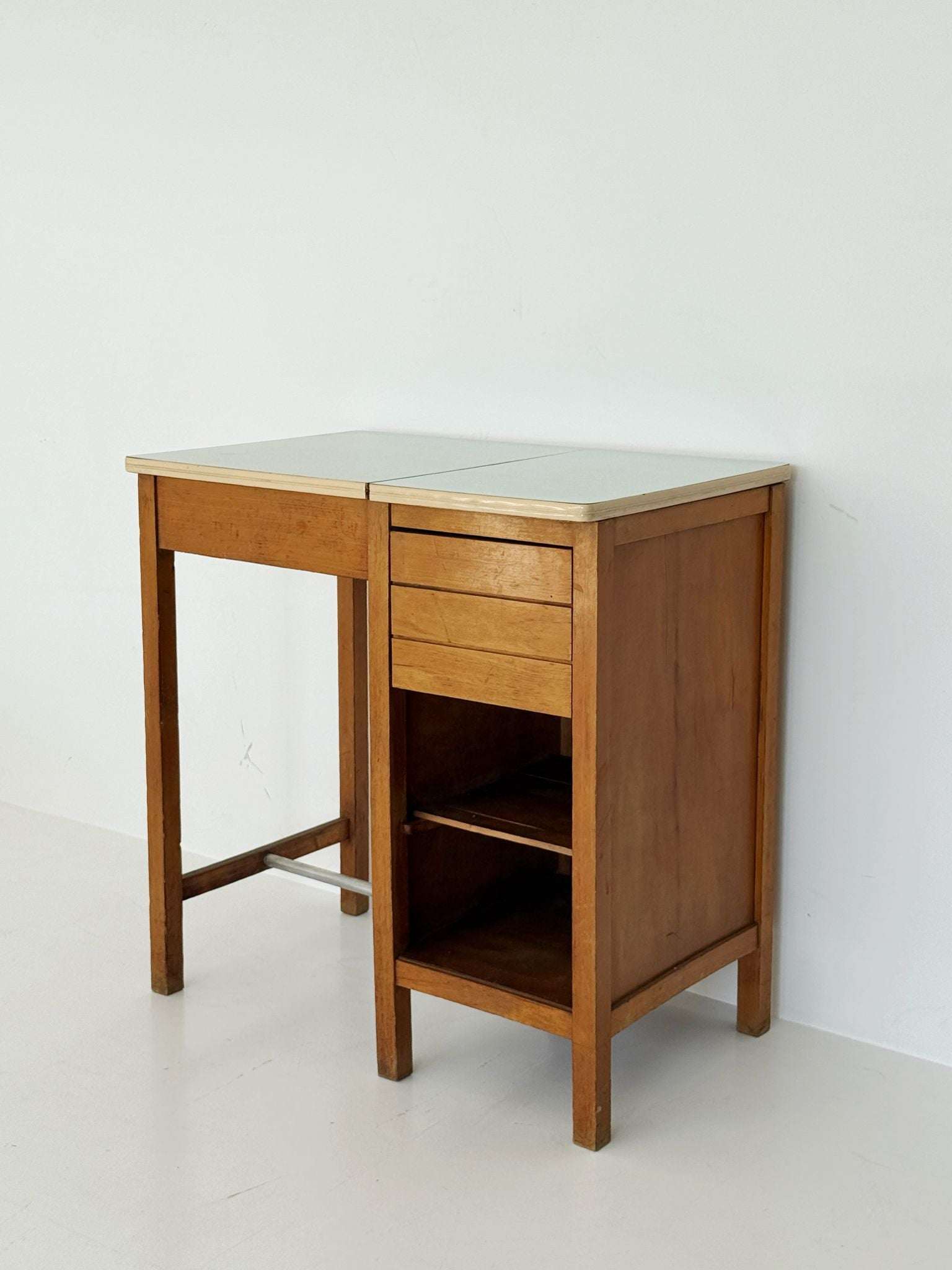 Compact writing desk with fold-out top, 1950s