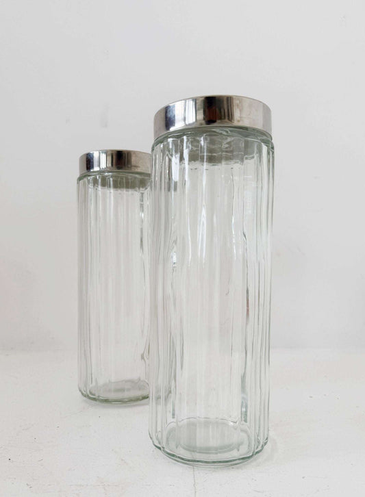 Pair of blown glass jars with metal lids, 1960s–1970s