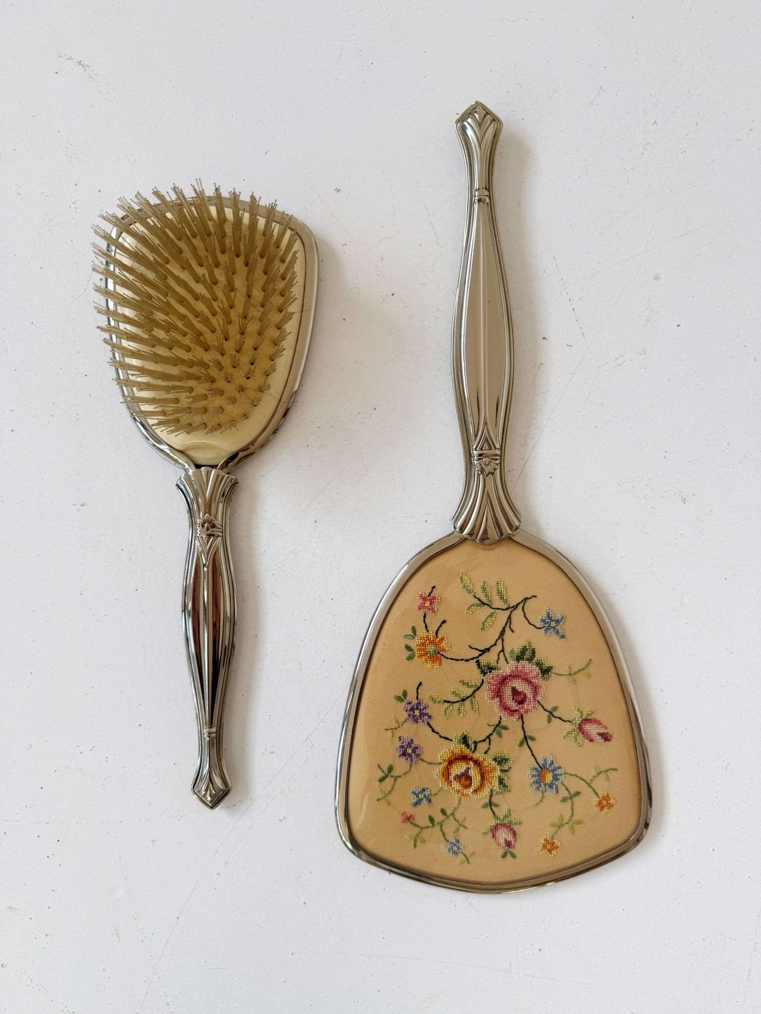 Vintage dressing table set with brush and embroidered mirror