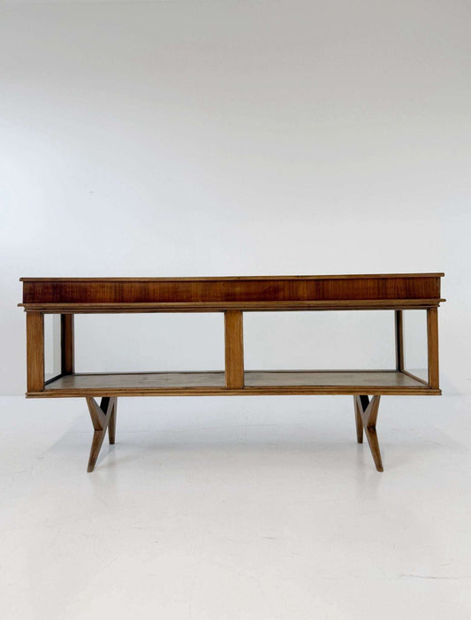 Vintage wooden counter with glass-fronted structure