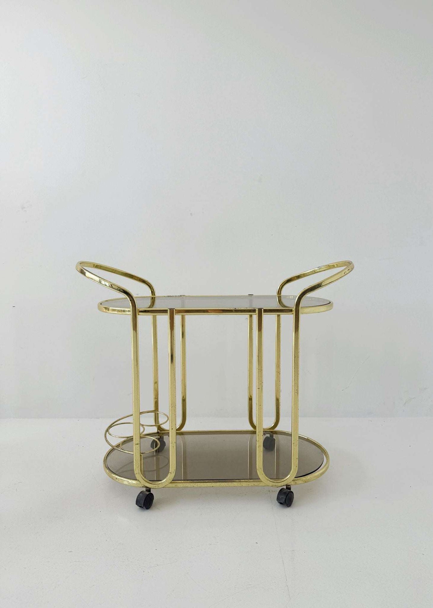 Italian Brass-Plated Metal and Smoked Glass Serving Cart, 1970s