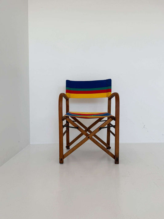 1960s wooden director's chair with multicolored fabric