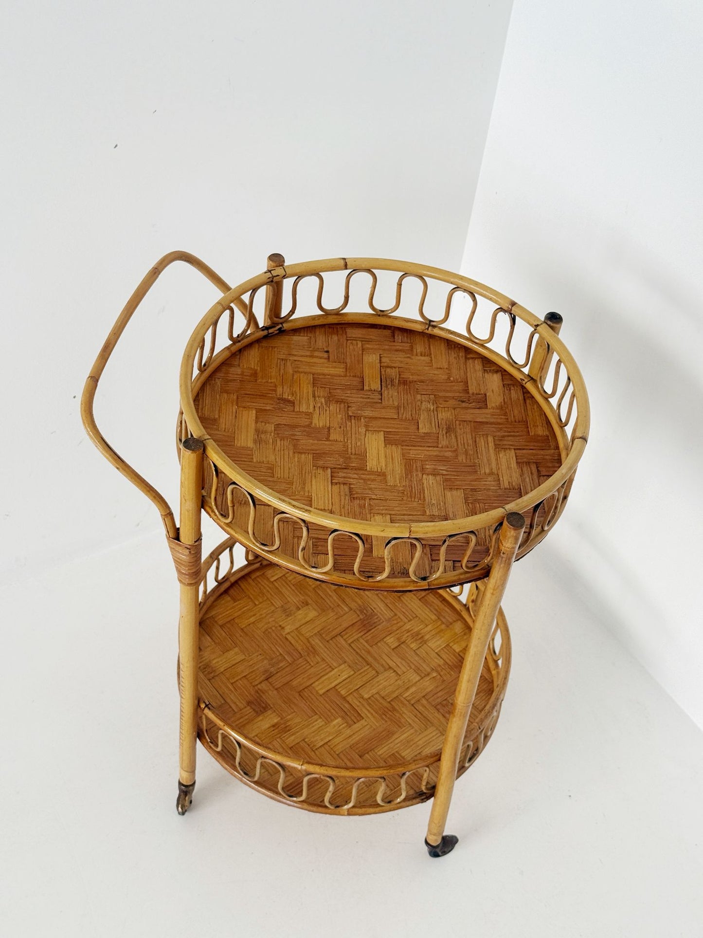 Carrello da portata in bambù e rattan intrecciato, anni '60-'70