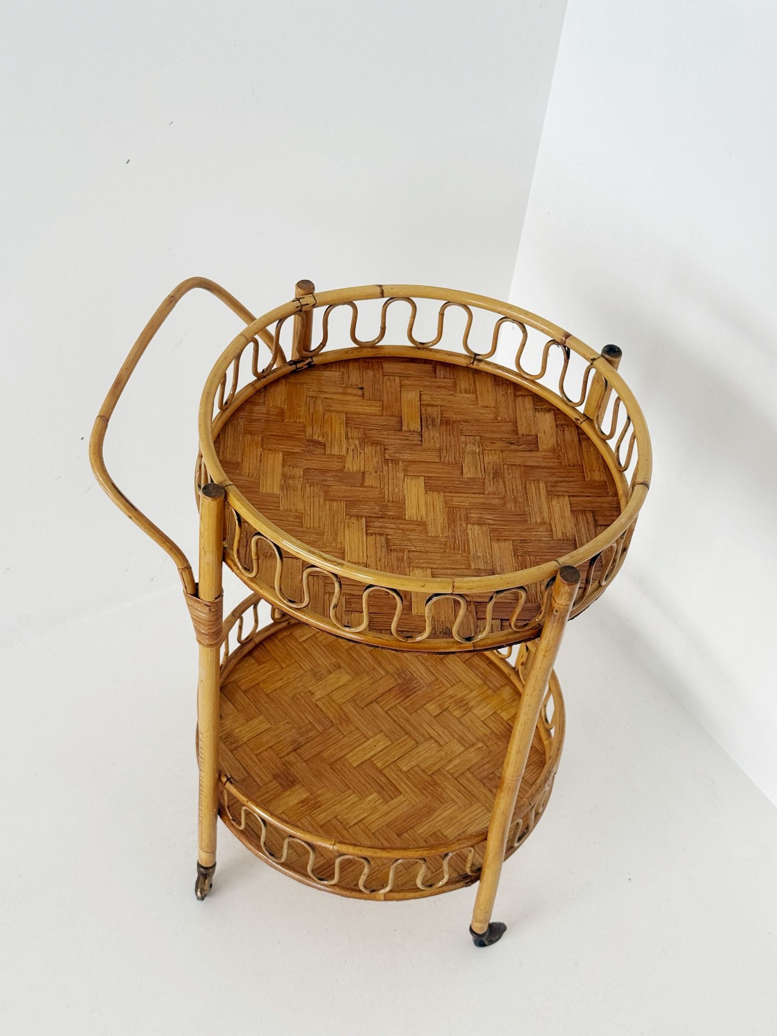 Carrello da portata in bambù e rattan intrecciato, anni '60-'70