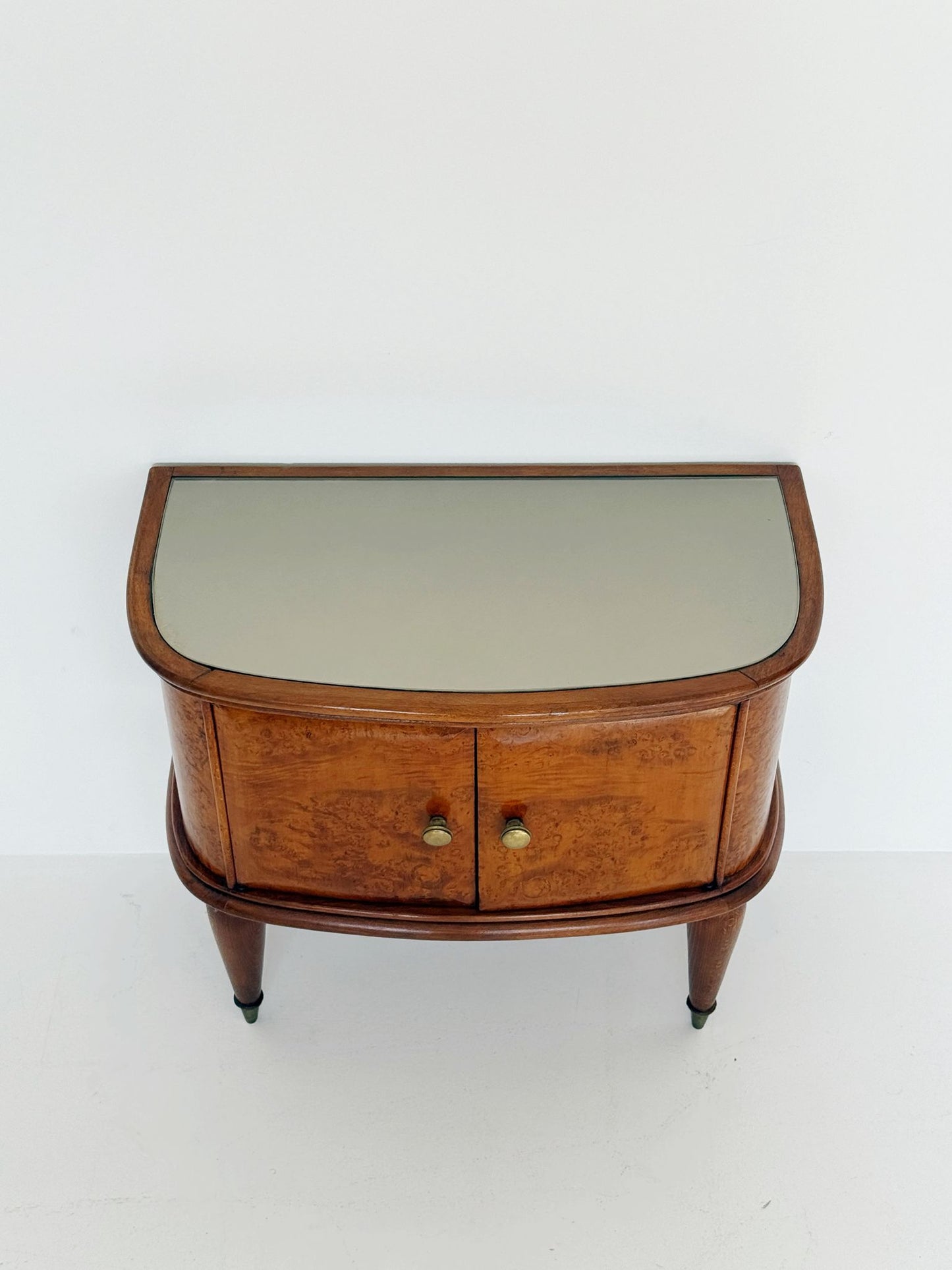 Curved burl wood bedside table with glass top, Italy, 1950s