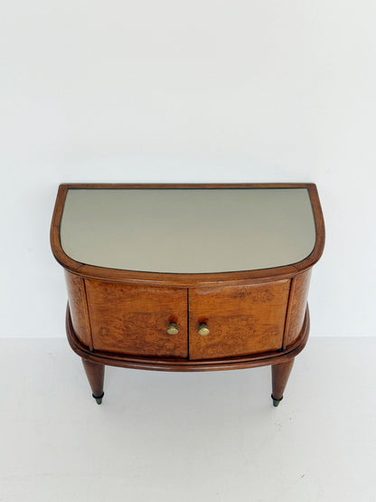 Curved burl wood bedside table with glass top, Italy, 1950s