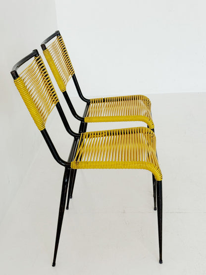 Pair of 1960s design chairs with metal frames and yellow woven detailing