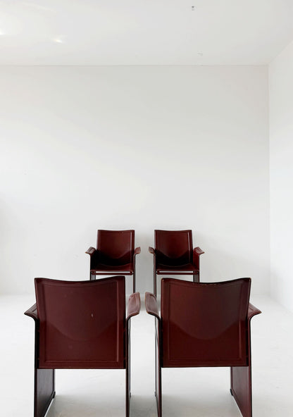 Set of four Matteo Grassi armchairs in burgundy leather, 1980s