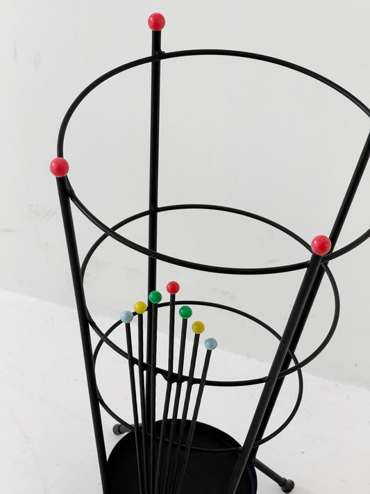 Portaombrelli vintage anni '60 in metallo nero con dettagli colorati