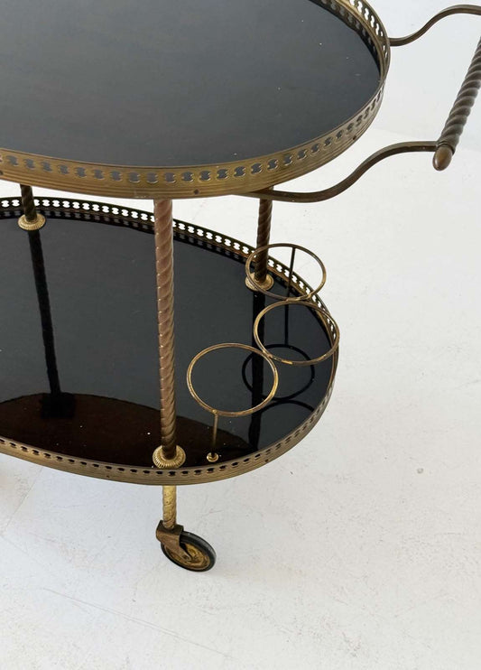 Oval brass and lacquered wood bar cart, 1950s/60s