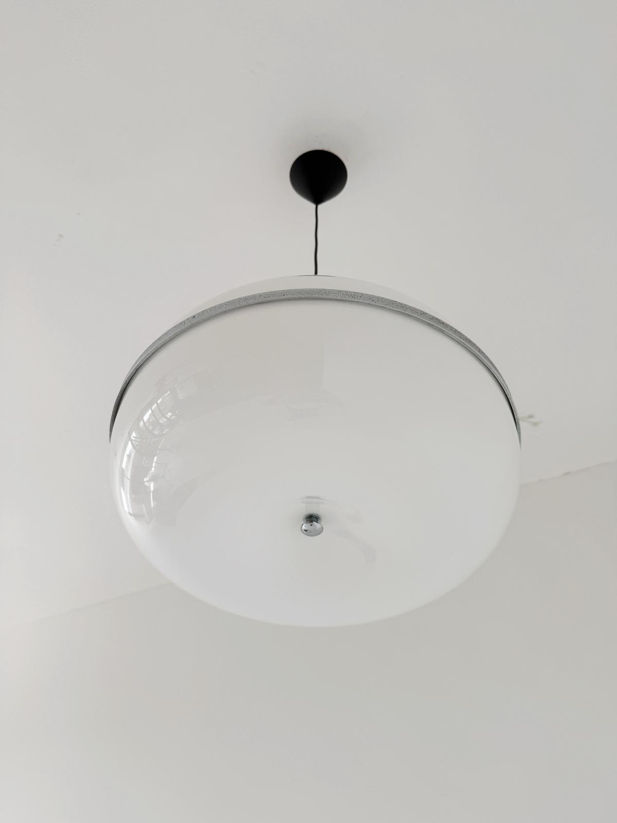 Pendant lamp in opal plexiglass and chromed metal, 1970s