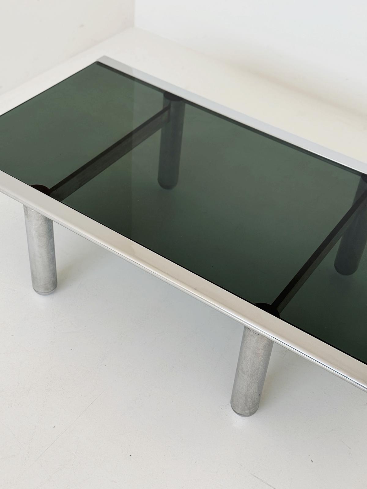Rectangular smoked glass and metal coffee table, 1970s