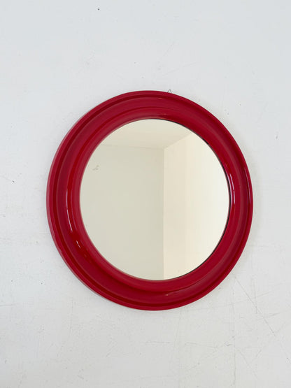 Round mirror with red plastic frame – Italy, 1970s/80s