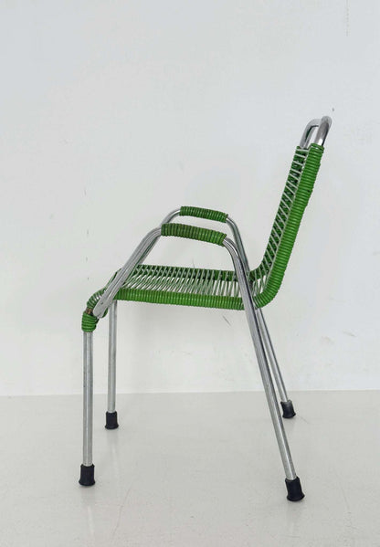 Small child's armchair in chrome-plated tubular metal and green cord — 1960s/70s