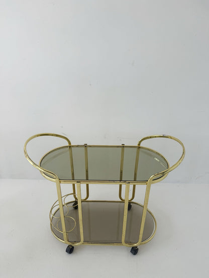 Carrello di Servizio Italiano in Metallo Ottone e Vetro Fumé, Anni '70