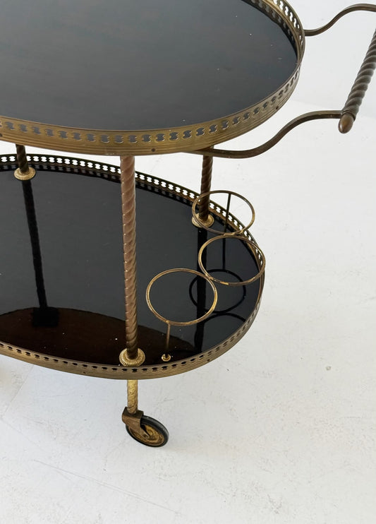 Oval brass and lacquered wood bar cart, 1950s/60s
