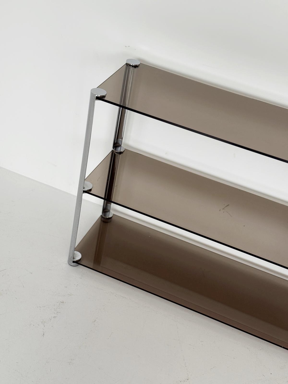 Vintage console table in smoked glass and chromed metal – 1970s