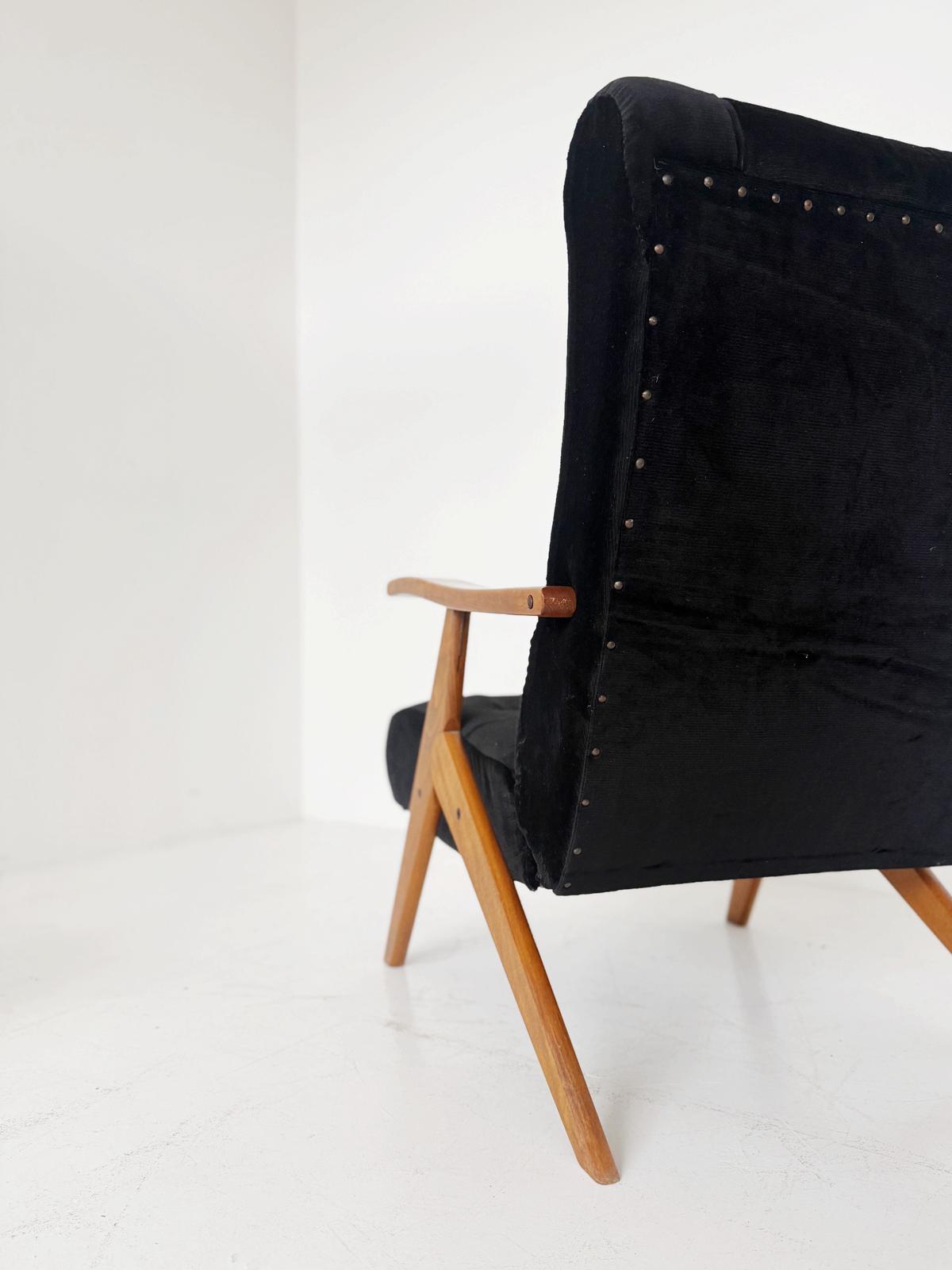 Italian Reclining Chair in Solid Wood and Black Velvet, High Back, 1960s