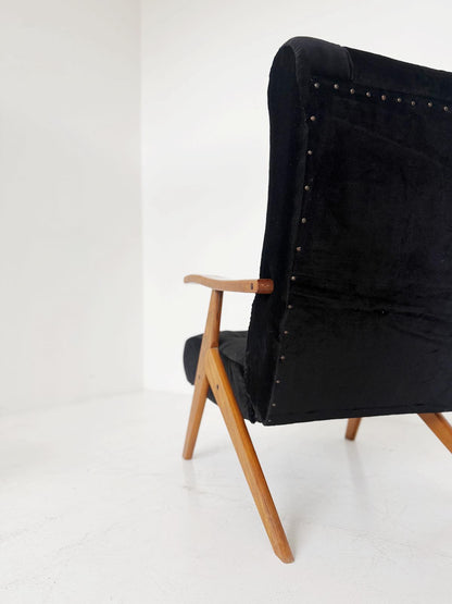 Italian Reclining Chair in Solid Wood and Black Velvet, High Back, 1960s