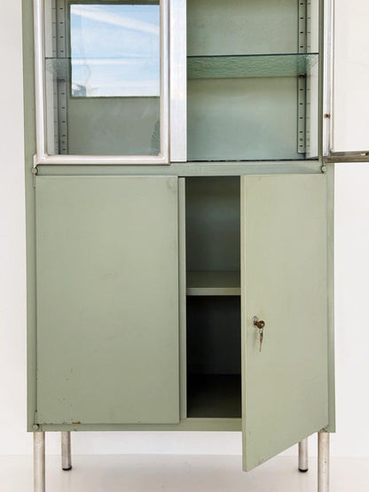 Sage green industrial display cabinet, 1950s