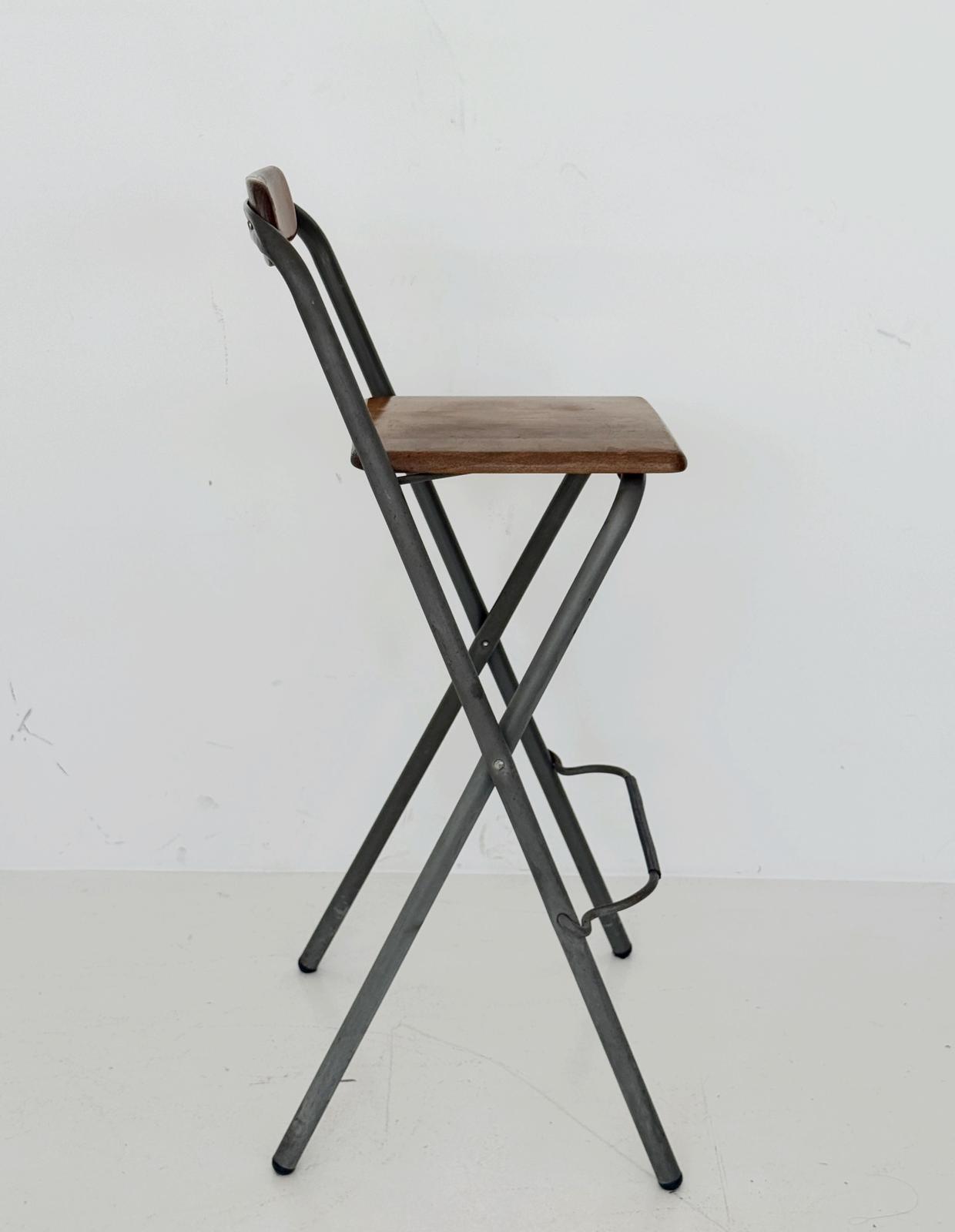 Industrial folding stool in wood and metal, 1980s