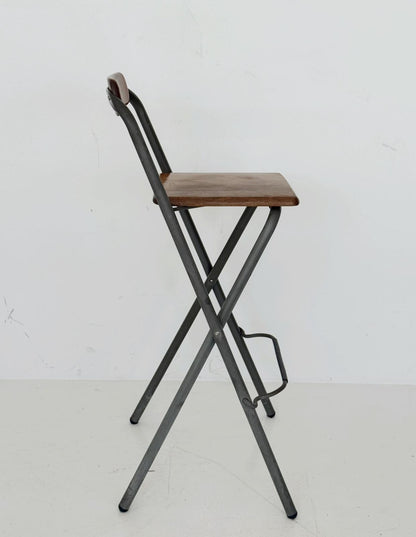 Industrial folding stool in wood and metal, 1980s