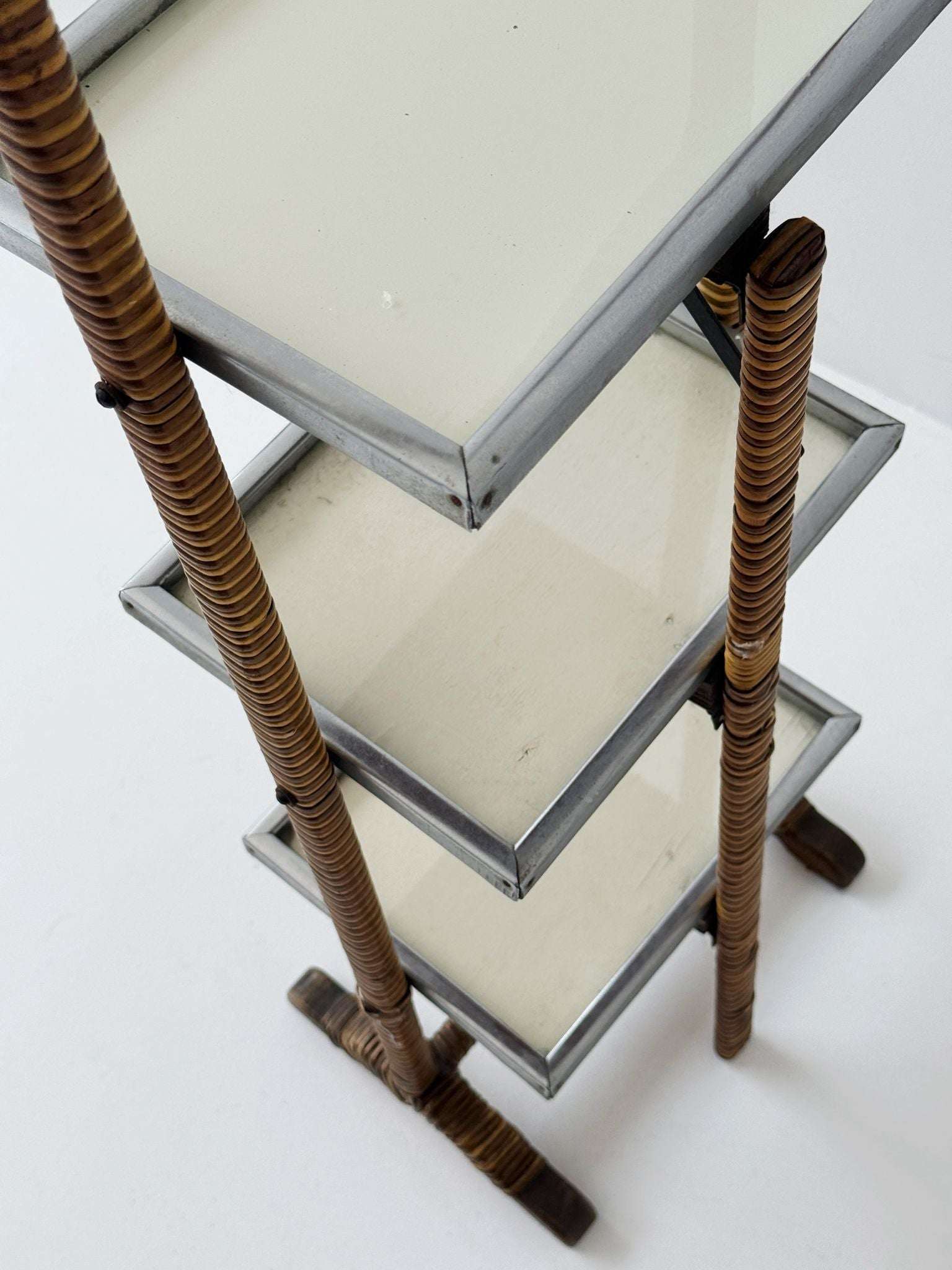 Three-tier folding rattan and metal side table